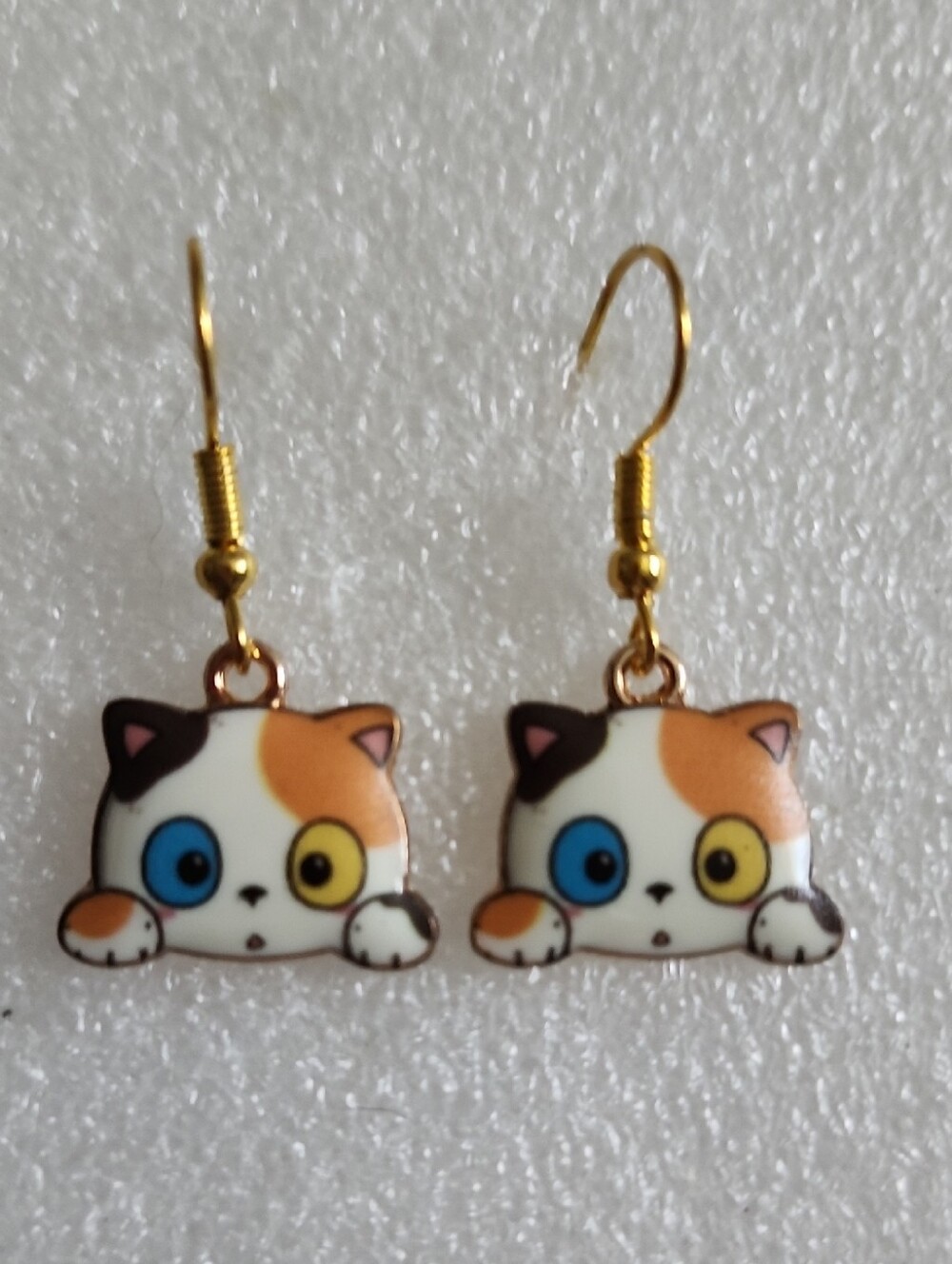 Hand Crafted Calico Cat Earrings in White and Orange with Gold Hooks